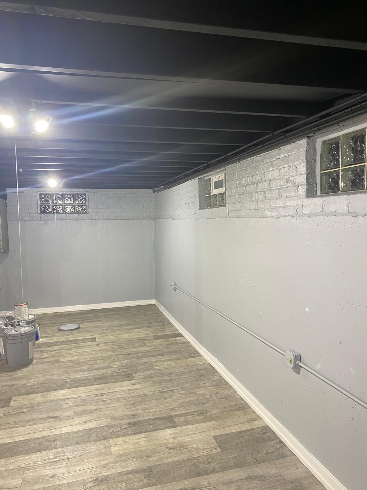 Basement with gray walls and painted ceiling